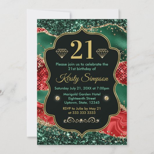 マーブルクリスマスゲート&金ゴールドグリッター誕生日 招待状 (正面)