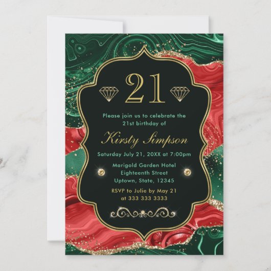 マーブルクリスマスゲート&金ゴールドグリッター誕生日 招待状 (正面)