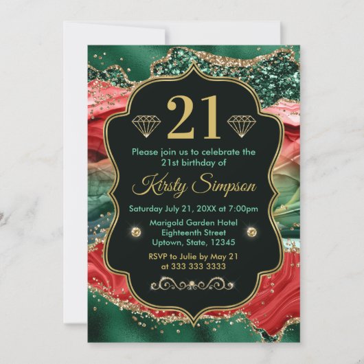 マーブルクリスマスゲート&金ゴールドグリッター誕生日 招待状 (正面)