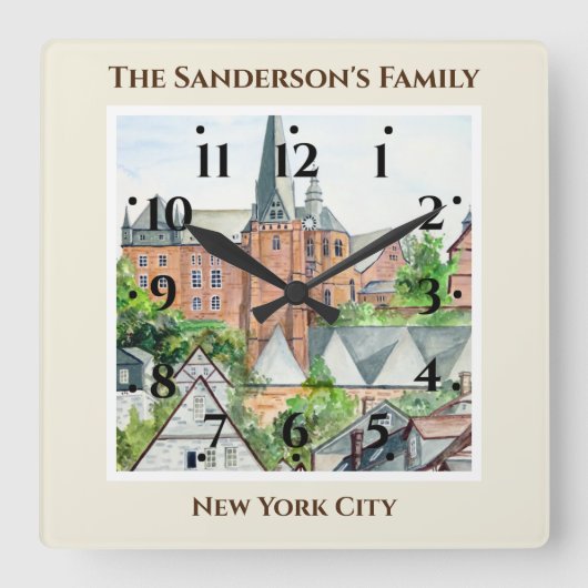 マーブルグアルツタットドイツタウンスケ絵画ープズ スクエア壁時計 (正面)