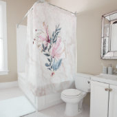 マーブルシャワーカーテンにネイビーブルーとピンクの花 シャワーカーテン (インサイチュ)