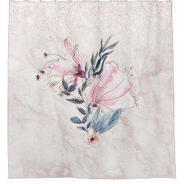 マーブルシャワーカーテンにネイビーブルーとピンクの花 シャワーカーテン