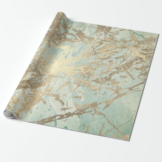 マーブルシャンパイニュ金ゴールドセピアミントメタルストローク ラッピングペーパー (アンロールド)