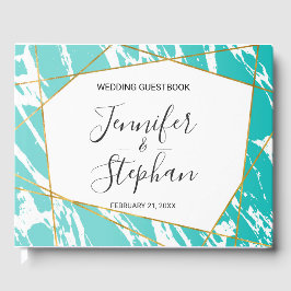 マーブルシーフォームティール（緑がかった色）金ゴールドジオメト結婚リ ゲストブック