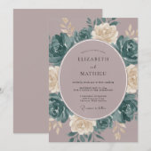 マーブルトーンのティールブルーのバラの結婚式 招待状 (正面/裏面)