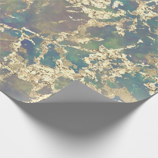 マーブルパステル金ゴールドブルーティール（緑がかった色）ストロークギフトアイディア ラッピングペーパー (角)