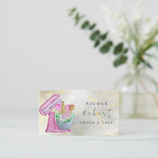 マーブルパティスリーシェフベーカリーピンククリーム 名刺 (スタンド正面)