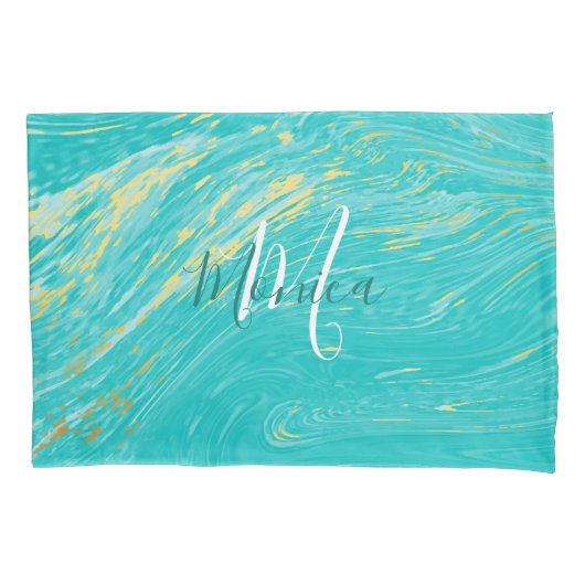 マーブルビューティフル金ゴールドブルーモンエレガントグラム 枕カバー (正面)