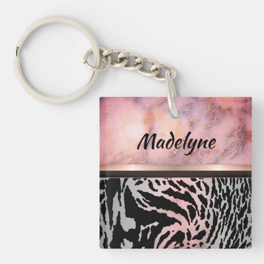マーブルピンクシックタイガーサファリプリント パーソナライズされた キーホルダー (正面)