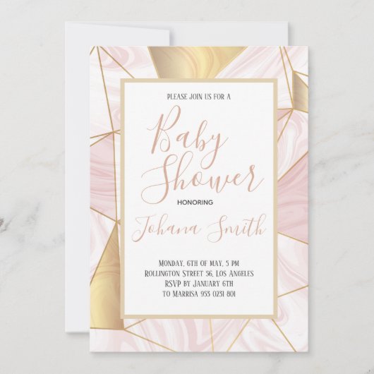 マーブルピンク金ゴールドホワイトガールベビーシャワー招待状 招待状 (正面)