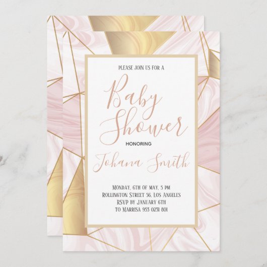 マーブルピンク金ゴールドホワイトガールベビーシャワー招待状 招待状 (正面/裏面)