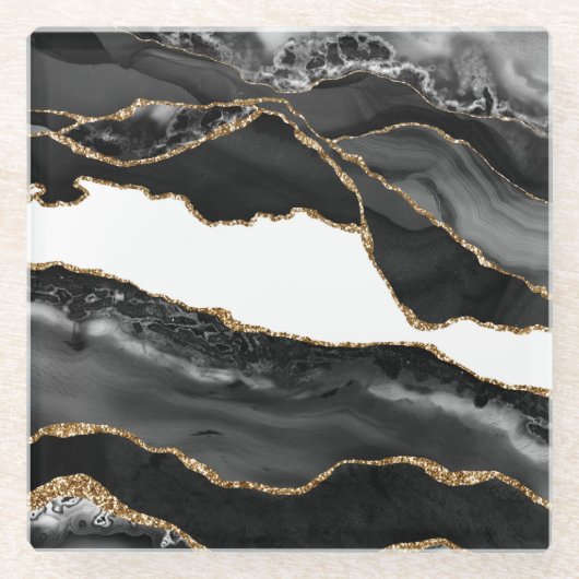 マーブルフェイクアゲートブラックストーンラグジュアスタイリッシュリー ガラスコースター (正面)