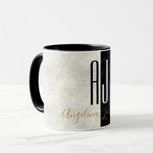 マーブルブラックとホワイトミニマルモダンイニシャル マグカップ (正面左)