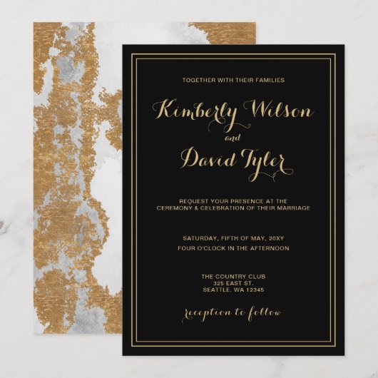 マーブルブラックと金ゴールド結婚ズ 招待状 (正面/裏面)
