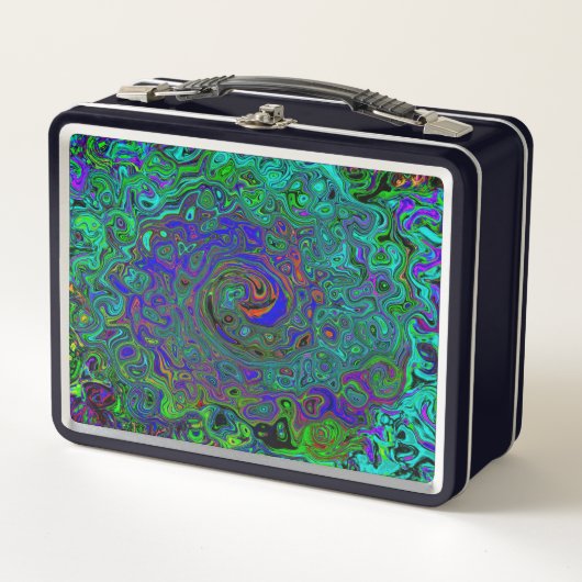 マーブルブルーとアクアマリン抽象芸術レトロスワール メタルランチボックス (正面)