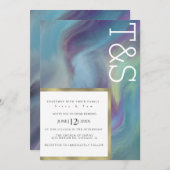 マーブルブルーパープルウォッシュタイポグラフィ結婚ズ 招待状 (正面/裏面)