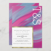 マーブルブルーピンクウォッシュタイポグラフィ結婚ズ 招待状 (正面/裏面)