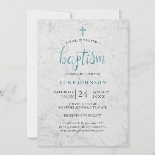 マーブルブルーモダンバプテスマ招待状 招待状 (正面)