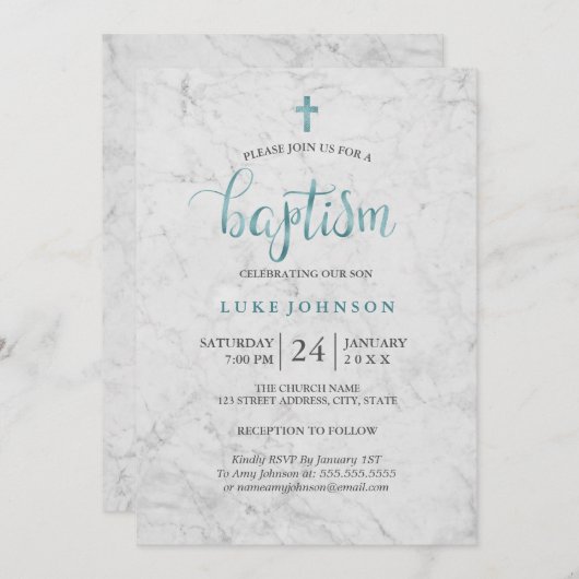マーブルブルーモダンバプテスマ招待状 招待状 (正面/裏面)