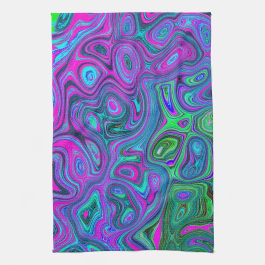 マーブルマゼンタとライムグリーンGroovy抽象芸術アート キッチンタオル (縦)