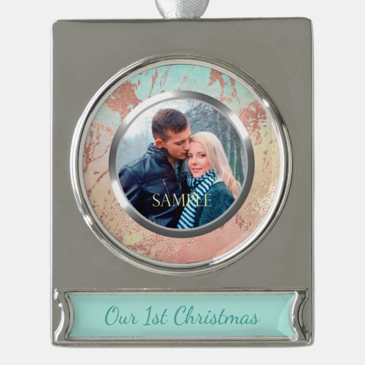 マーブルメタルバラ金ゴールド初めてのクリスマス シルバープレートバナーオーナメント (正面)