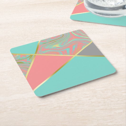 マーブルモダンミントコーラルパステル金ゴールド スクエアペーパーコースター (アングル)