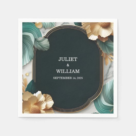 マーブルモンスターエメラルドグリーンと金ゴールド結婚ズ スタンダードカクテルナプキン (正面)