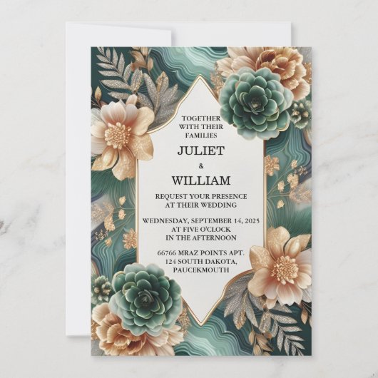 マーブルモンスターエメラルドグリーンと金ゴールド結婚ズ 招待状 (正面)