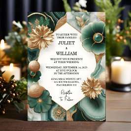 マーブルモンステラエメラルドグリーンと金ゴールド結婚ズ 招待状