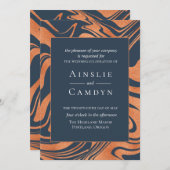 マーブル模様の銅色とネイビーブルーの結婚式招待状 招待状 (正面/裏面)