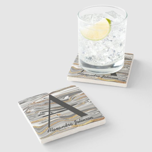 マーブル白黒とグリッター金ゴールドモノグラム名 ストーンコースター (横)