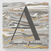 マーブル白黒とグリッター金ゴールドモノグラム名 ストーンコースター (正面)