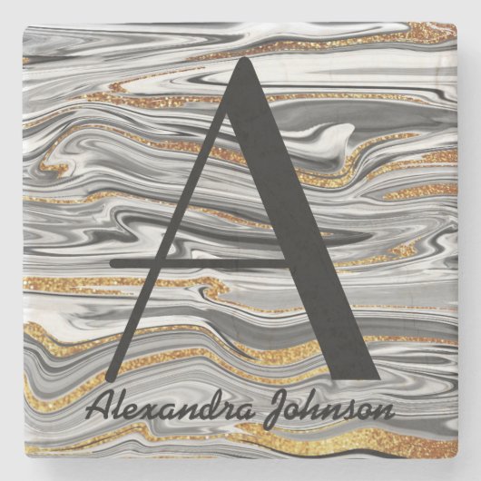 マーブル白黒とグリッター金ゴールドモノグラム名 ストーンコースター (正面)