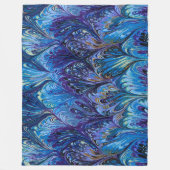 マーブル紙、抽象芸術ブルーピーコックパターン、渦巻き フリースブランケット (正面)