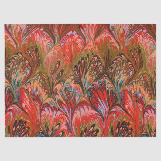 マーブル紙、抽象芸術レッドブルーピーコックパターン 薄葉紙 (正面)