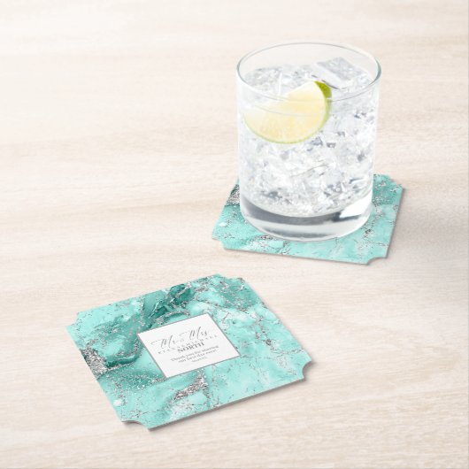 マーブル結婚グリッターのミスター&ミセスティール（緑がかった色）シルバーID644 ペーパーコースター (インサイチュ)