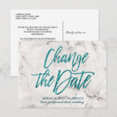 マーブル・ターコイズグリッターのスクリプトで日程変更 案内ポストカード (正面/裏面)