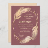 マーブ色の背景にゴールドの羽根のブライダルシャワー 招待状 (正面/裏面)