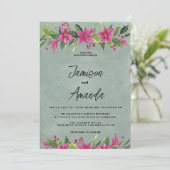マーブ グリーン ピンクの冬の花のクリスマス ウェディング 招待状 (スタンド正面)