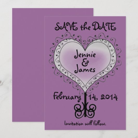 マーブ パープル ウェディング セーブ・ザ・デート カード (正面/裏面)