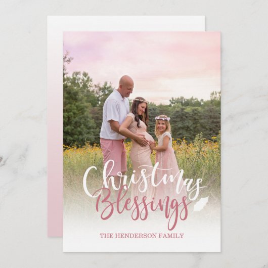 マーブ ピンクとホワイトの写真クリスマスカード 招待状 (正面/裏面)