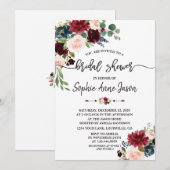 マーブ ル ネイビーブルー フラワーハンドライティング ブライダルシャワー 招待状 (正面/裏面)