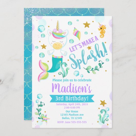 マーミコーン誕生日招待状マーメイドユニコーン 招待状 (正面/裏面)