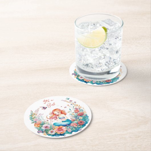 マーメかわいらしードガールの赤ちゃんシャワー女の子 ラウンドペーパーコースター (インサイチュ)