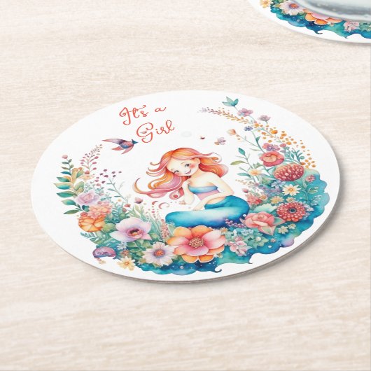 マーメかわいらしードガールの赤ちゃんシャワー女の子 ラウンドペーパーコースター (アングル)