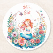 マーメかわいらしードガールの赤ちゃんシャワー女の子 ラウンドペーパーコースター (正面)