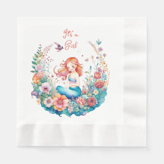 マーメかわいらしードガールの赤ちゃんシャワー女の子 縁ありランチョンナプキン (正面)