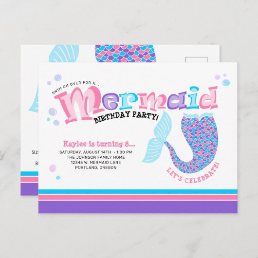 マーメイお洒落ドフェアリータレ誕生パーティー インビテーションポストカード (正面/裏面)