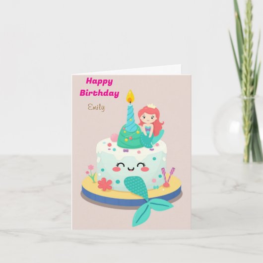 マーメイドおもしろいをテーマにした子供の誕生日ケーキ カード (正面)
