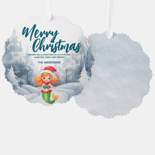 マーメイドおもしろいメリークリスマスツリー雪ホリデーパーティー オーナメントカード (正面/裏面)